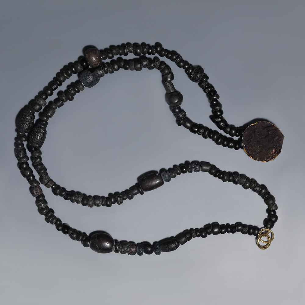 Roman Black Glass Beaded Necklace with Gold Pendant Roman Black Glass Beaded Necklace with Gold Pendant