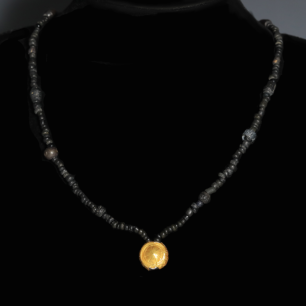 Roman Black Glass Beaded Necklace with Gold Pendant Roman Black Glass Beaded Necklace with Gold Pendant