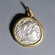 Ancient Greek Alexander the Great Silver Drachm Pendant with Gold-Plated Frame