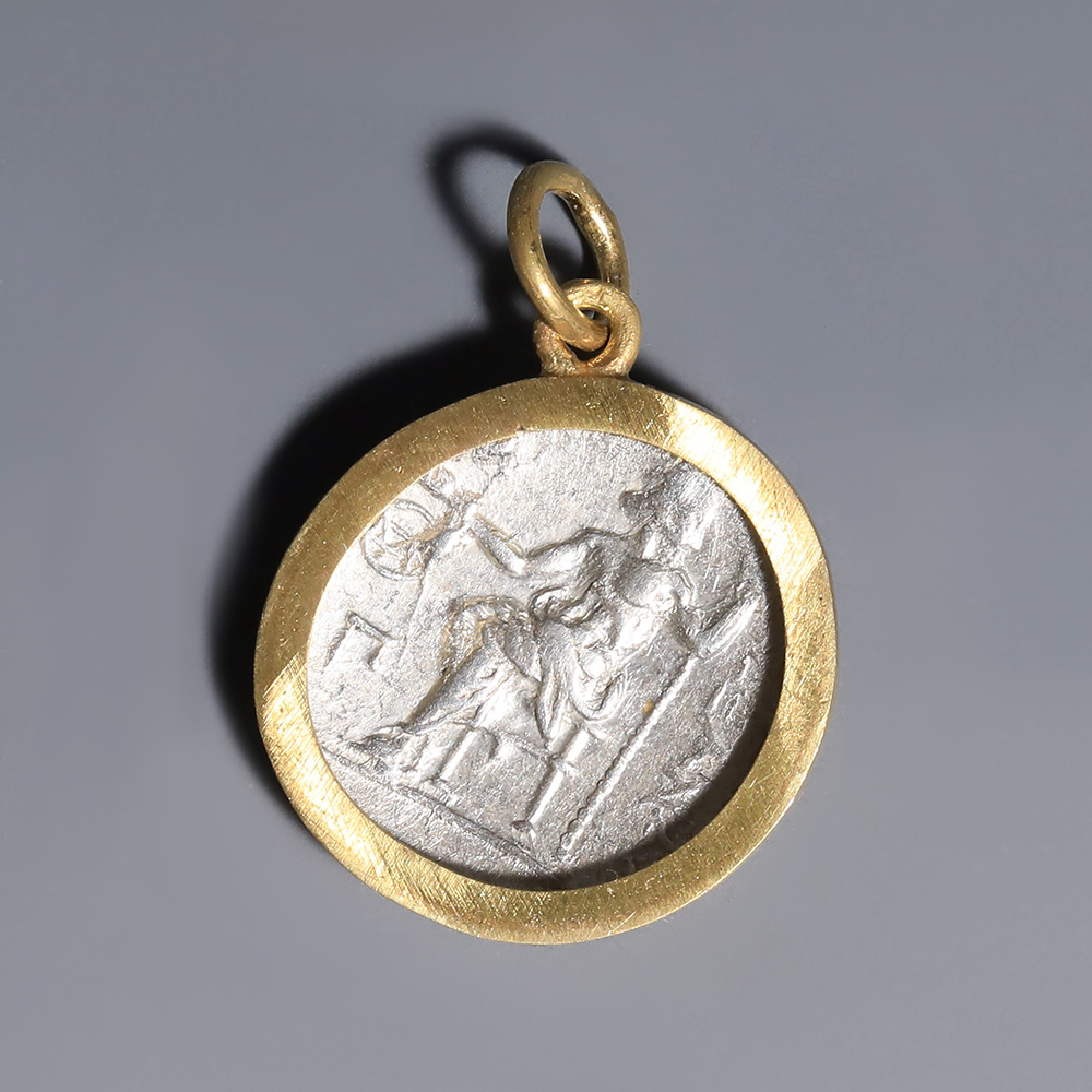 Ancient Greek Alexander the Great Silver Drachm Pendant with Gold-Plated Frame Ancient Greek Alexander the Great Silver Drachm Pendant with Gold-Plated Frame