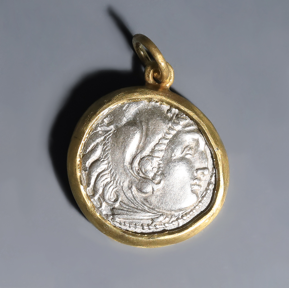 Ancient Greek Alexander the Great Silver Drachm Pendant with Gold-Plated Frame Ancient Greek Alexander the Great Silver Drachm Pendant with Gold-Plated Frame
