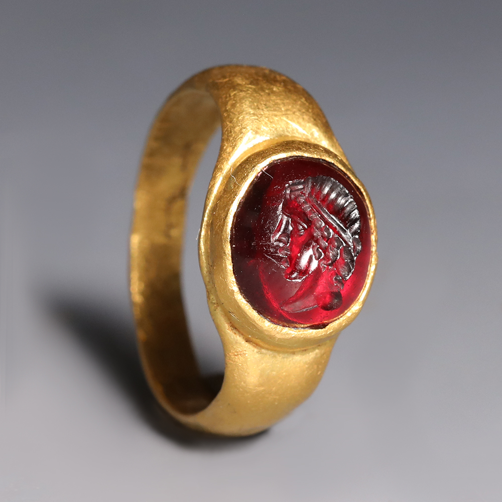Roman Gold and Garnet Ring with Male Bust Roman Gold and Garnet Ring with Male Bust