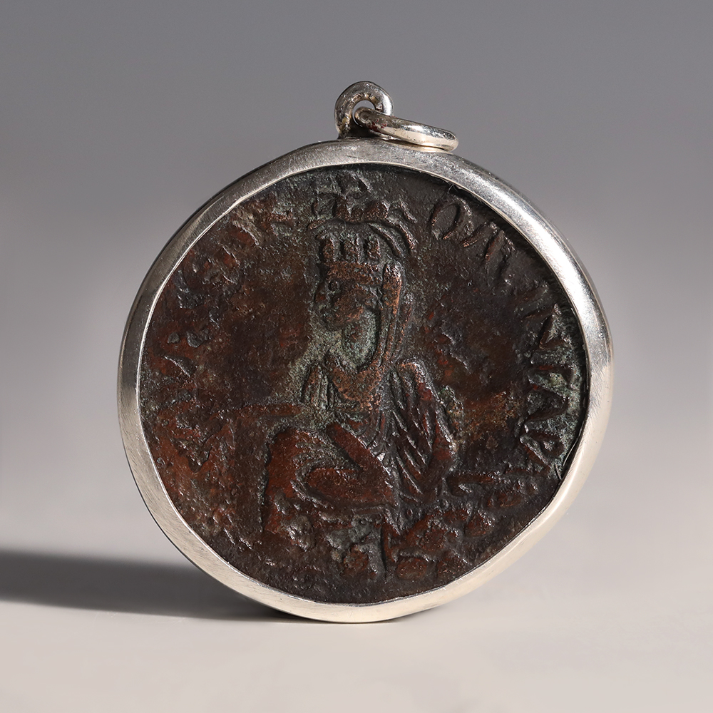 Roman Gordian III and Tranquillina Ae32 Coin Pendant with Silver Frame Roman Gordian III and Tranquillina Ae32 Coin Pendant with Silver Frame